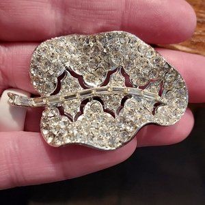 Vintage Silver Rhinestone Leaf Brooch 2 1/2" long